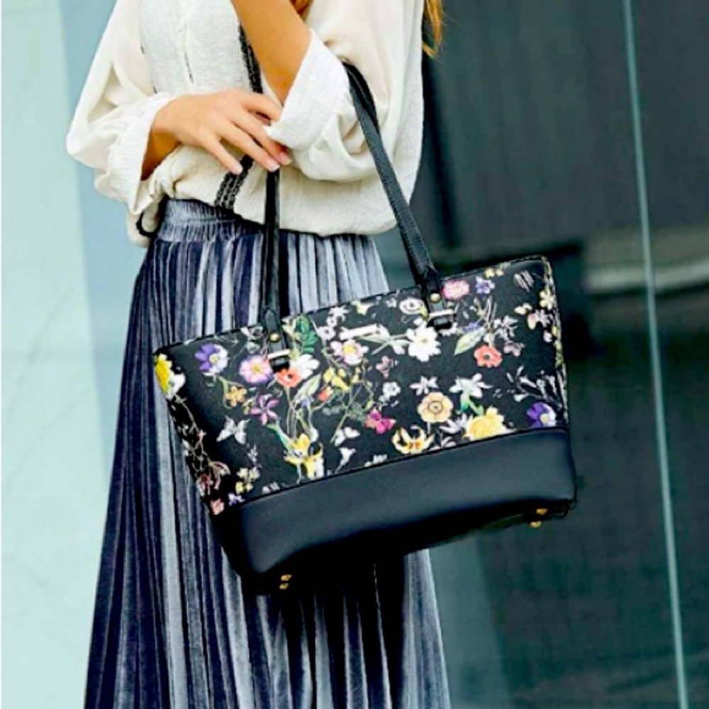 NWOT- Black Floral & Leather Bag/Purse/Tote